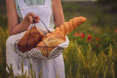 Bir kadın buğdaylı bir tarlada ekmek taşır. Bir kadının elinde sepetin içinde çeşit çeşit ekmek. Bir buğday tarlası olgunlaşıyor. Bir sepet ekmekle tarlada güzel bir gün batımı. Ekmek tarlada. 