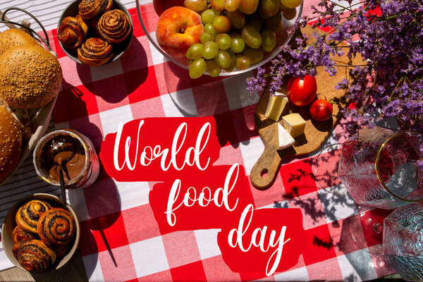 World Food Day. Food on the table, top view. Table with food. Fruit and buns