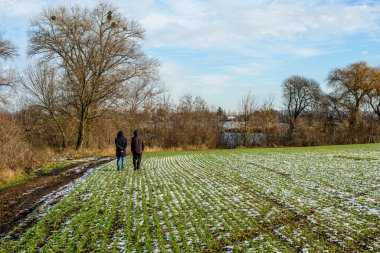 Kar manzarasında insanlarla yeşil çimen tarlası