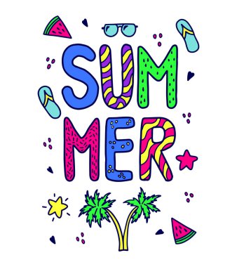 Parlak yazı tipi yaz kompozisyonu. Beyaz üzerine izole