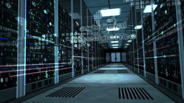 Intelligence artificielle et concept de machine learning profond avec une forme de tête ai sur porte vitrée dans la salle des serveurs. Caméra monte dans le couloir avec des supports informatiques de travail. Animation 3D abstraite .