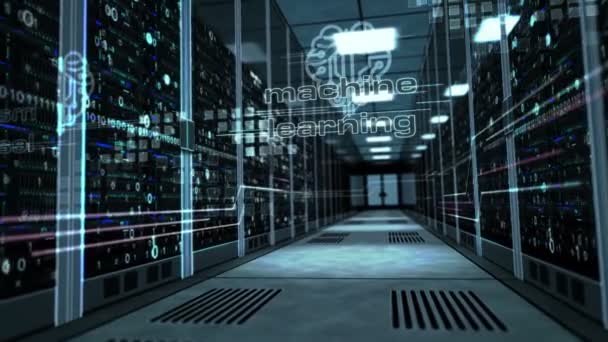 Cerveau cybernétique, apprentissage automatique profond et intelligence artificielle dans l'animation 3D abstraite. La caméra s'élève dans le couloir avec des supports informatiques fonctionnels et des hologrammes numériques dynamiques .