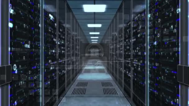 服务器机房玻璃门上带有挂锁符号的网络安全 带着大型电脑架在走廊里飞行 无限和可循环的3D抽象概念动画 — 图库视频影像
