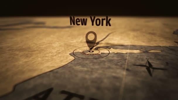 New York City Auf Retro Karte Sepiafarbe Altes Atlas Diagramm — Stockvideo