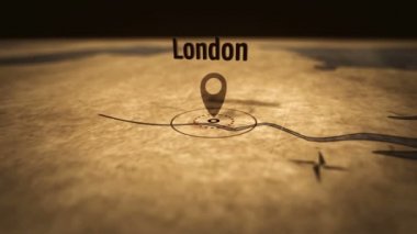 Sepya Rengi Retro harita üzerinde Londra şehir. Eski Atlas grafik işareti ile pin. Vintage Haritalar 3D animasyon.
