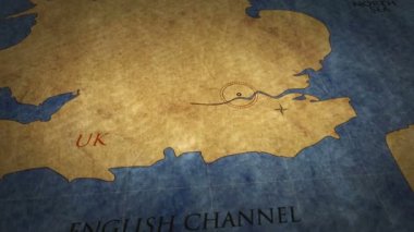 Londra basit retro kağıt harita üzerinde. Şehir pushpin ile işaretlenmiş grunge atlas grafik üzerinde 3d uçuş.