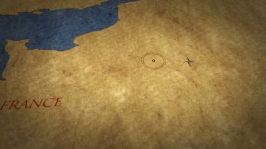 Paris basit Retro kağıt harita üzerinde. iğne ile işaretlenmiş şehir ile grunge Atlas grafik üzerinde 3D uçuş.