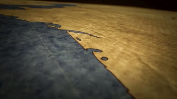レトロな地図上のパリ プッシュピンでマークされた都市を持つ古いアトラスチャート上の高速飛行 ヴィンテージテクスチャマップ3Dアニメーション — ストック動画