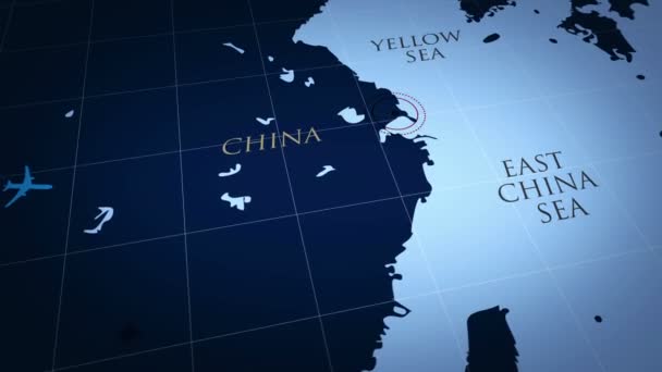 Shanghai Simple Mapa Azul Símbolo Plano Con Vuelo Sendero Sobre — Vídeos de Stock