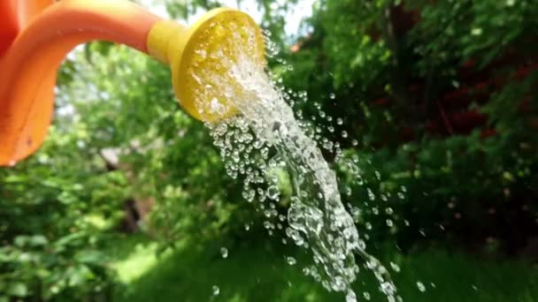 Wassertropfen Fallen Aus Der Gießkanne Und Spritzen Zeitlupe Gartenbewässerung — Stockvideo