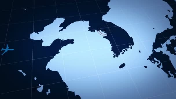 首尔在韩国简单的蓝色地图上 平面符号 带有在地图集图图上飞行的飞机符号 城市用图钉标记 在地图上移动的飞机图标 — 图库视频影像