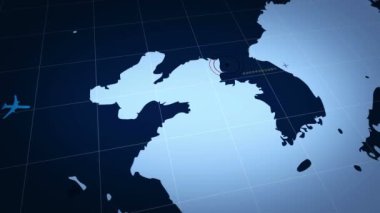 Basit mavi haritaüzerinde Korece Pyongyang. Şehir pırtağı ile işaretlenmiş atlas grafik üzerinde iz uçuş ile uçak sembolü. Haritalarda hareket eden uçak simgesi 3d animasyon.