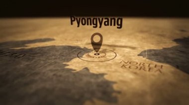 Sepya renginde retro harita üzerinde Pyongyang şehir. Puşka ile işareti ile eski atlas grafik. Vintage haritalar 3d animasyon.