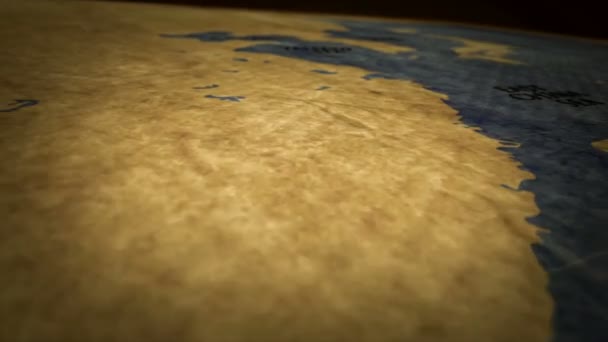 レトロな地図上の平壌 プッシュピンでマークされた都市を持つ古いアトラスチャート上の高速飛行 ヴィンテージテクスチャマップ3Dアニメーション — ストック動画