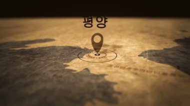 Korece Pyongyang sepya renginde retro haritada. Puşka ile işareti ile eski atlas grafik. Vintage haritalar 3d animasyon.