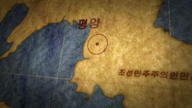 Basit retro kağıt harita üzerinde Korece Pyongyang. Şehir pushpin ile işaretlenmiş grunge atlas grafik üzerinde 3d uçuş.