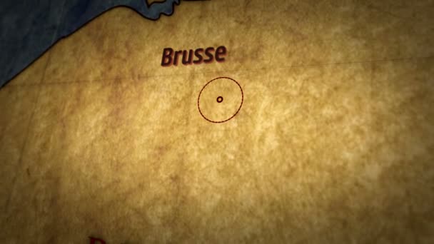 Bruxelas Mapa Papel Retrô Simples Vôo Sobre Gráfico Atlas Grunge — Vídeo de Stock