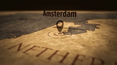 Sepya renginde retro harita üzerinde Amsterdam şehir. Puşka ile işareti ile eski atlas grafik. Vintage haritalar 3d animasyon.