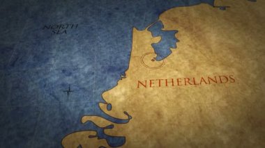Amsterdam basit retro kağıt harita üzerinde. Şehir pushpin ile işaretlenmiş grunge atlas grafik üzerinde 3d uçuş.