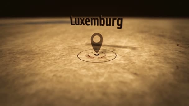 세피아 색상의 복고풍지도에 룩셈부르크 푸시핀으로 마크가 오래된 아틀라스 빈티지지도 애니메이션 — 비디오