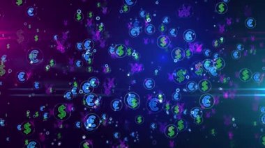 Dolar, Euro, Yen, para ve para birimi sembolleri pürüzsüz ve çevrilebilir dijital arkaplan. Soyut nakit simgeleri canlandırma 3D. İş, finans, pazar, hisse senedi ve bankacılık kavramı.