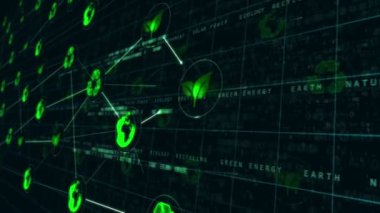 Ekolojik kavram geçmişi. Ekoloji, geri dönüşüm, doğal çevre ve yeşil enerji sembolleri. Soyut simgeler pürüzsüz ve çevrilebilir canlandırma 3d.