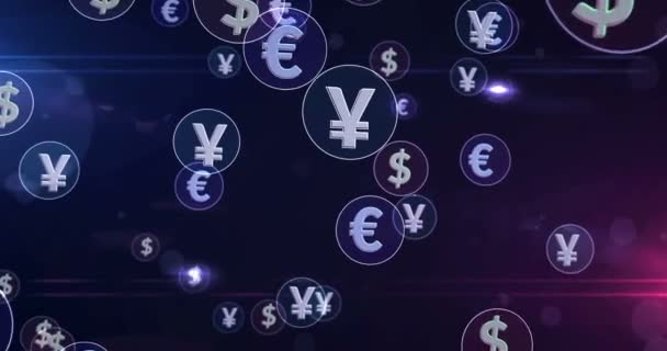 Dolar, euro, jen, peníze, banky a měny symboly 3D vykreslování abstraktní koncepce animace. Business a bankovní ikony smyčka bezešvé futuristické digitální pozadí.