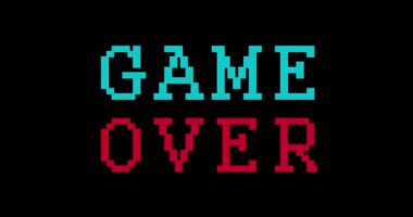 Çarpıtma ve arıza efektiyle oyun bitti. Kusursuz ve döngü 3 boyutlu canlandırma. Sanal oyun, esport, video oyunu, kayıp ve yenilgi soyut kavramları. Gürültülü retro TV tarzı arkaplan.