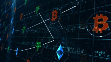 Bitcoin, dijital bankacılık, sanal para, kripto para madenciliği, iş, engelleme teknolojisi sembolleri soyut tasvir illüstrasyonu. Arkaplanda bilgisayar sunucuları olan siber simgeler.