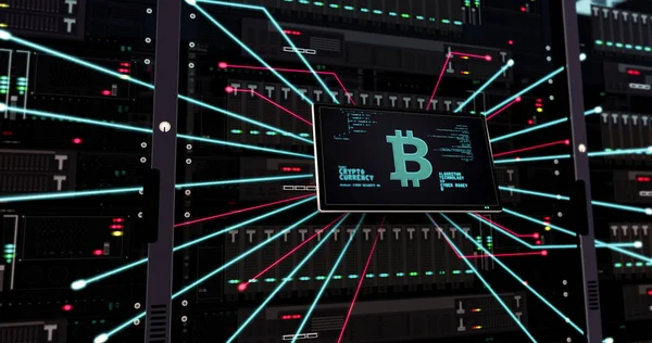 Bitcoin, dijital bankacılık, sanal para, kripto para madenciliği, iş, engelleme teknolojisi sembolleri soyut tasvir illüstrasyonu. Arkaplanda bilgisayar sunucuları olan siber simgeler.