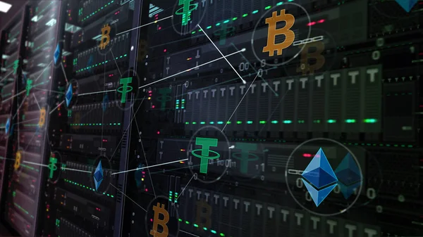 Bitcoin, dijital bankacılık, sanal para, kripto para madenciliği, iş, engelleme teknolojisi sembolleri soyut tasvir illüstrasyonu. Arkaplanda bilgisayar sunucuları olan siber simgeler.