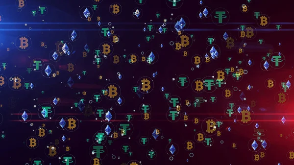 Bitcoin; dijital bankacılık; sanal para; kripto para birimi madencilik; iş; engelleme zinciri teknoloji sembolleri 3d soyut konsept resimleme. Siber simgeler geleceksel arkaplan.