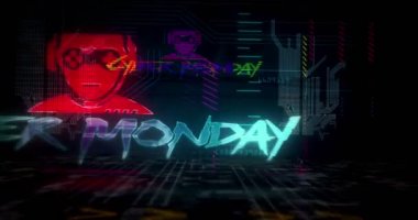 Siber pazartesi indirimi fütüristik siber punk tarzı döngü animasyonu. Sanal şehirde kusursuz ve geri dönüşümsüz bir uçuş. Modern soyut 3D sunum. Perakende, tanıtım, iş, pazarlama kavramı.