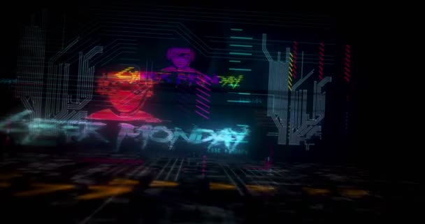 사이버 먼데이는 미래적 사이버 스타일의 애니메이션을 도시를 통과하는 무심하고 무자비 — 비디오