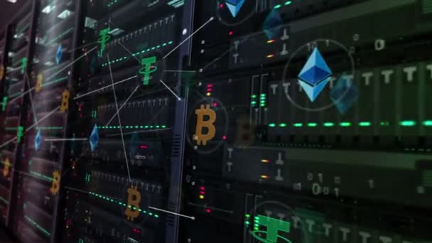 Server Futuristik Dengan Bitcoin Tether Ethereum Cyber Banking Uang Digital — Stok Video