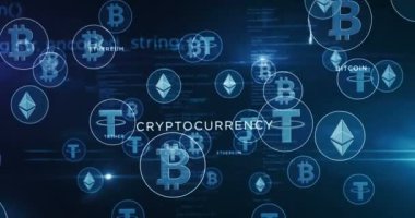 Bitcoin, Bağlayıcı, Ethereum, siber bankacılık, dijital para, kripto para, engelleme teknolojisi sembolleri soyut kavram animasyonu. Döngüsüz geleceksel arkaplan simgeleri.