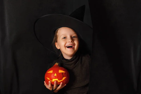 Celebración de Halloween. Niña con un disfraz de bruja sostiene un gato de calabaza sobre un fondo negro . —  Fotos de Stock
