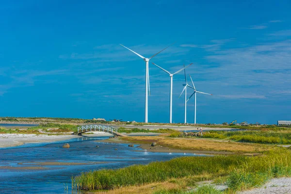 一个海湾和一个小海滩边的四个风力涡轮机 — 图库照片