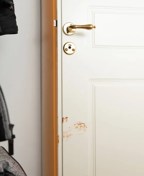 Σχεδόν Κλειστή Πόρτα Μπάνιου Ένα Σοκολατένιο Σημάδι Από Ένα Παιδί — Φωτογραφία Αρχείου