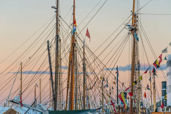 Masts Riggings Several Wooden Boats Beautiful Sunset — Stock Photo, Image