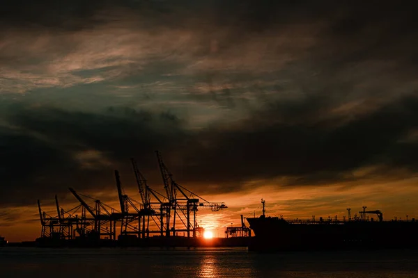 Grande Navio Guindastes Contêineres Pôr Sol — Fotografia de Stock