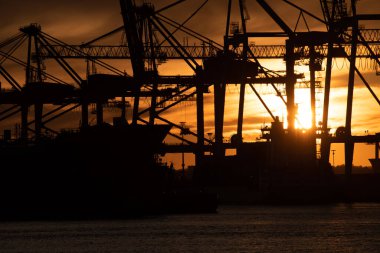 Gün batımında konteynır vinçleri ve konteyner gemisinin silueti