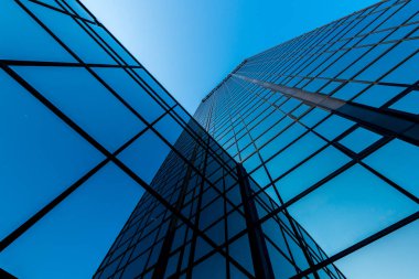 Uzun bir cam ve çelik gibi yüksek bir binaya bakıyorum..