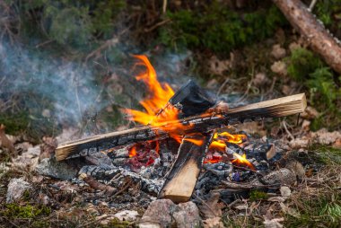 Ormanlık alanda kamp ateşi yanıyor.