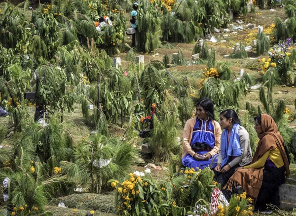墨西哥查穆拉，11月1日：在鲜花装饰的墓地里，家人庆祝死亡日 免版税图库照片
