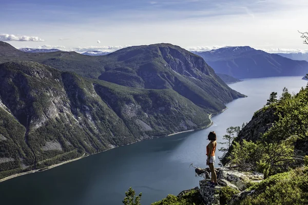 yaz aylarında bir yürüyüş sırasında Norveç fiyort doğal görünümü zevk kadın gezgin