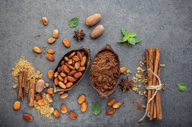 Toz Kakao ve kakao çekirdekleri taş zemin üzerine.