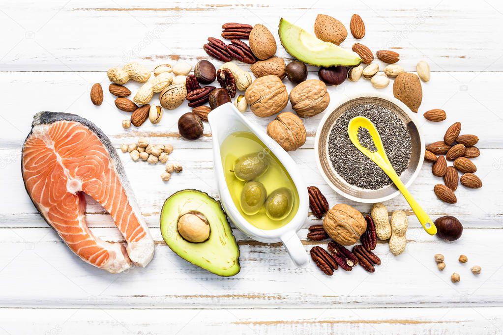 Selection food sources of omega 3 and unsaturated fats. Super fo