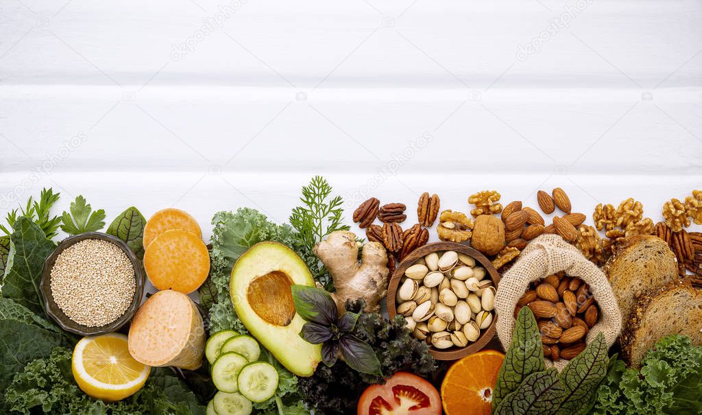 Ingredients for the healthy foods selection on white background.