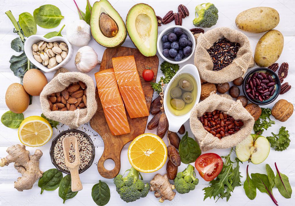 Ingredients for the healthy foods selection on white background.